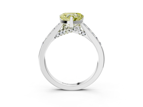 Platinum Fancy Yellow Heart  Diamond Solitaire Ring with Pavé Band and Prong Setting