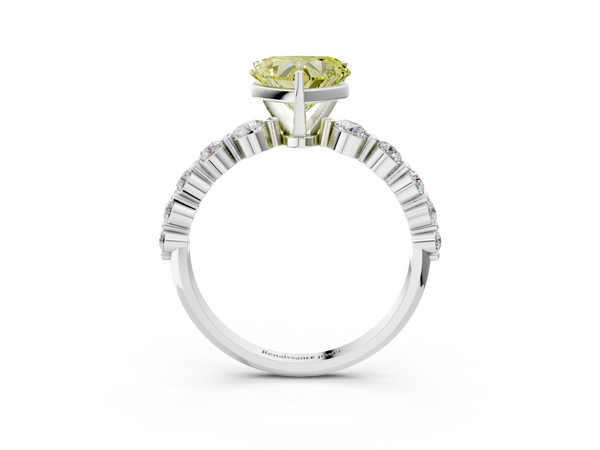 Platinum Fancy Yellow Heart Cut Solitaire Diamond Ring with Pave Band and Four-Prong Setting