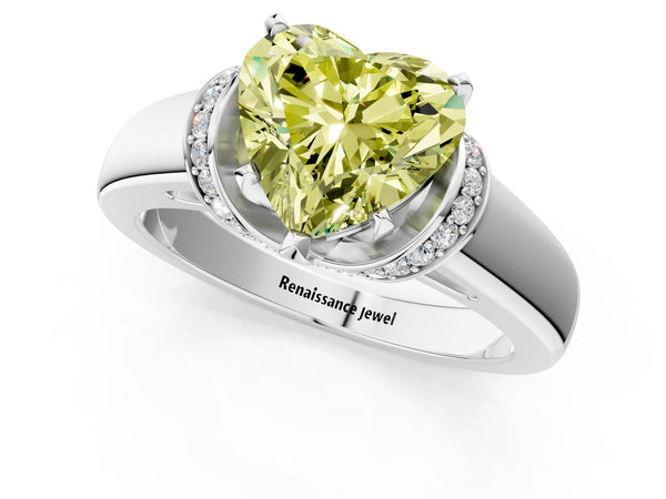 Platinum Fancy Yellow Heart  Solitaire Diamond Ring with Pave Band and Six-Prong Setting