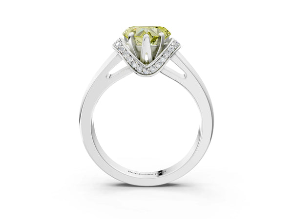 Platinum Fancy Yellow Heart  Solitaire Diamond Ring with Pave Band and Six-Prong Setting