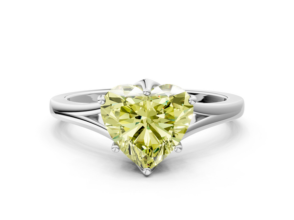 White gold Fancy Yellow Heart  Solitaire Diamond Ring with Six-Prong Setting and Tapered Band