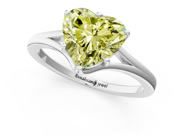White gold Fancy Yellow Heart  Solitaire Diamond Ring with Six-Prong Setting and Tapered Band