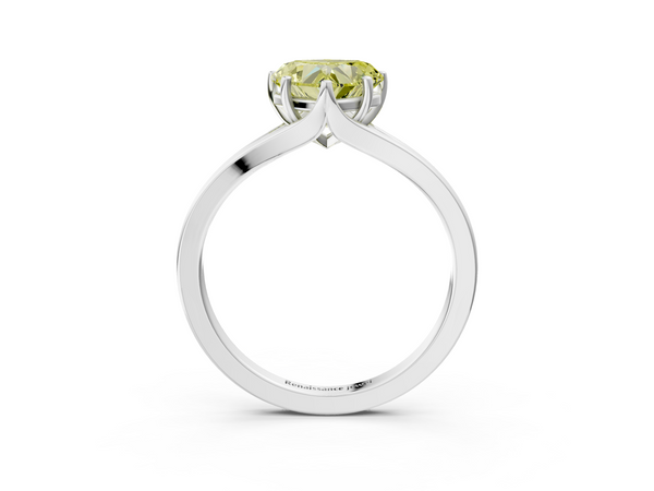 White gold Fancy Yellow Heart  Solitaire Diamond Ring with Six-Prong Setting and Tapered Band