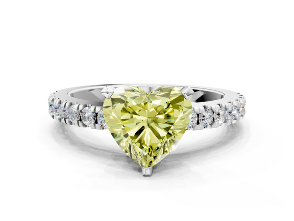Platinum Fancy Yellow Heart  Solitaire Diamond with Pavé Band and Four-Prong Setting