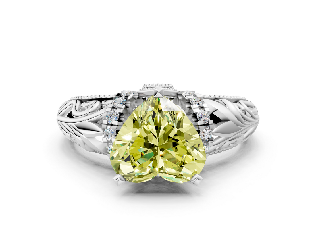 White gold Fancy Yellow Heart  Solitaire Filigree Engagement Ring with Halo and Prong Setting_62