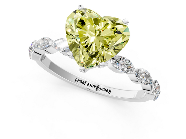 White gold Fancy Yellow Heart Cut Diamond Ring with Marquise Side Stones and Prong Setting