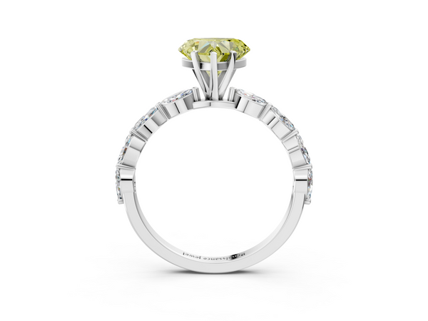 White gold Fancy Yellow Heart Cut Diamond Ring with Marquise Side Stones and Prong Setting