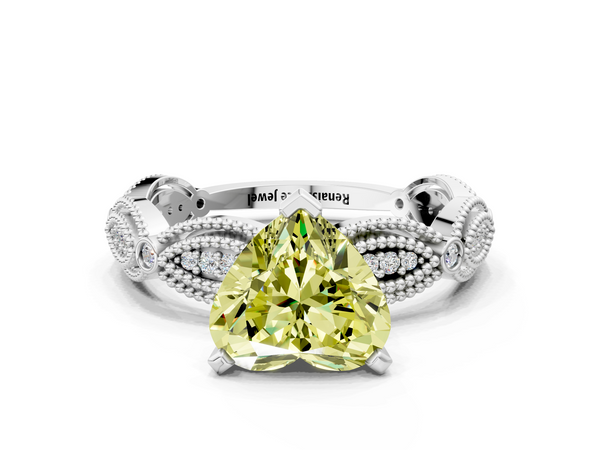 White gold Fancy Yellow Heart  Solitaire Milgrain Diamond Engagement Ring with Bezel and Marquise Band