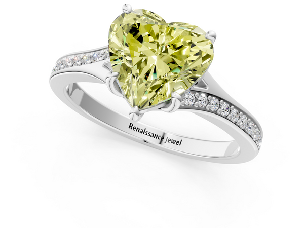 White gold Fancy Yellow Heart Cut Diamond Solitaire Ring with Pavé Band and Prong Setting