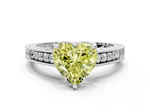 White gold Fancy Yellow Heart  Solitaire Pavé Diamond Milgrain Engagement Ring with Four-Prong Setting