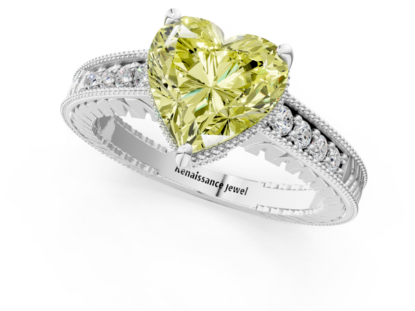 White gold Fancy Yellow Heart  Solitaire Pavé Diamond Milgrain Engagement Ring with Four-Prong Setting