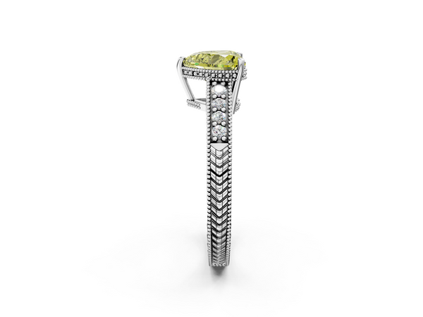 White gold Fancy Yellow Heart  Solitaire Pavé Diamond Milgrain Engagement Ring with Four-Prong Setting