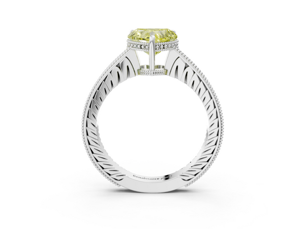 White gold Fancy Yellow Heart  Solitaire Pavé Diamond Milgrain Engagement Ring with Four-Prong Setting