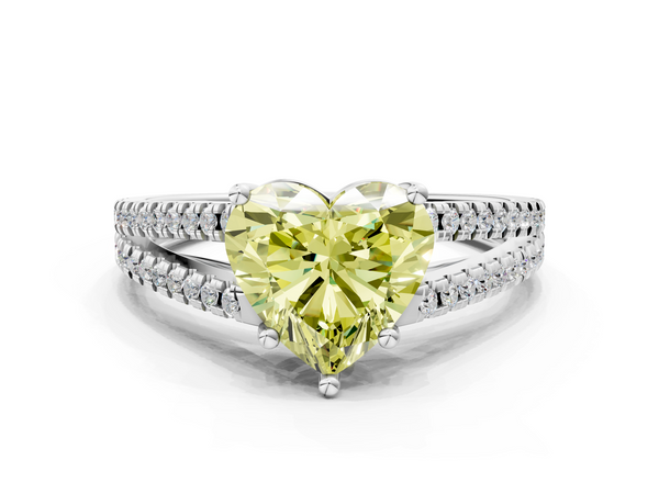 White gold Fancy Yellow Heart Cut Diamond Solitaire Engagement Ring with Split Shank Pavé Band