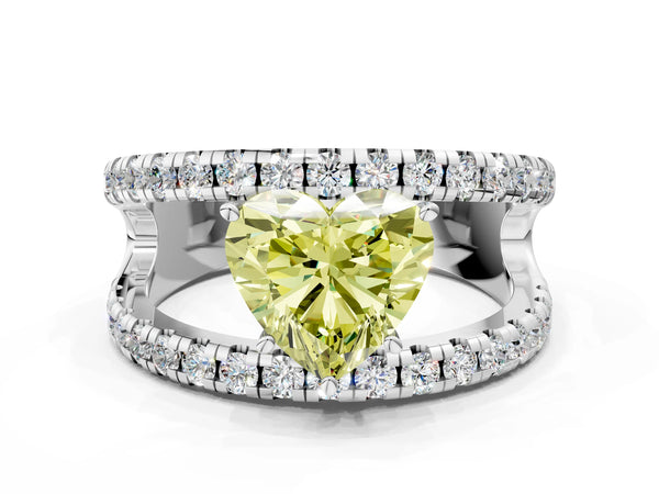 Platinum Fancy Yellow Heart  Solitaire Split Shank Pave Diamond Ring