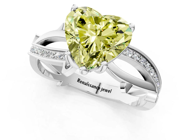Platinum Fancy Yellow Heart  Solitaire Twist Band with Pavé Accents and Four-Prong Setting