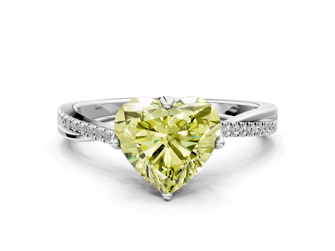 White gold Fancy Yellow Heart  Solitaire Twist Band with Pavé Diamonds and Four-Prong Setting_65
