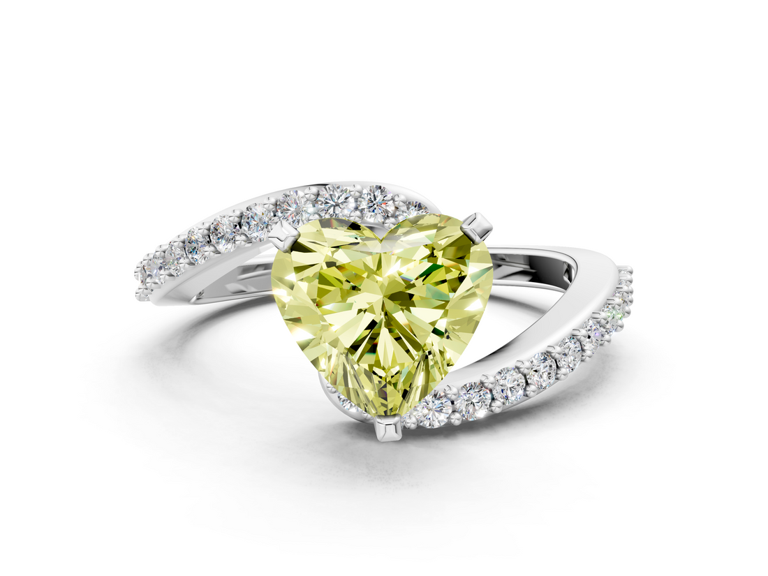 White gold Fancy Yellow Heart  Solitaire Twist Band with Pave Set Diamonds and Four-Prong Setting_91