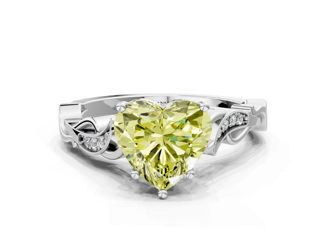White gold Fancy Yellow Heart  Solitaire Vine Band with Milgrain Prong Setting_3