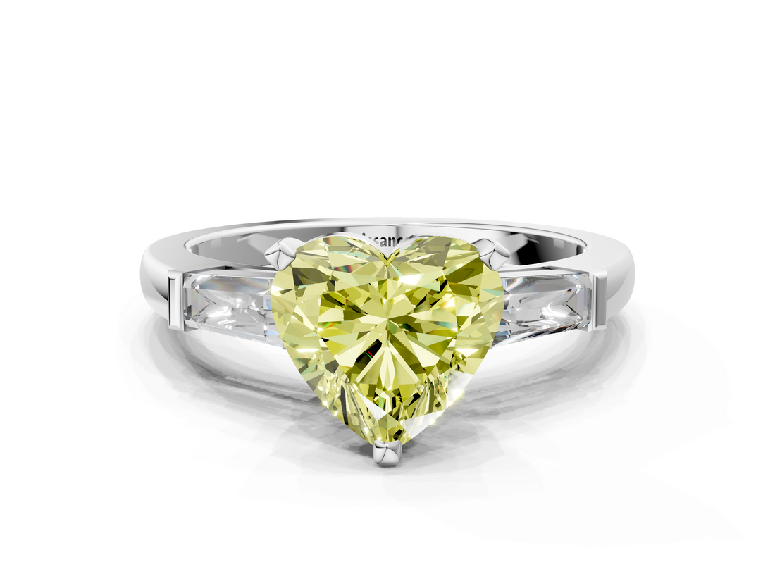 White gold Fancy Yellow Heart  Solitaire with Tapered Baguette Side Stones on a Classic Band with Four-Prong Setting_55