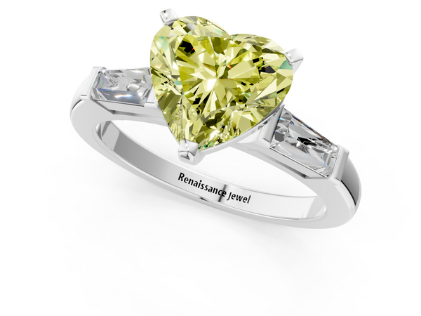 White gold Fancy Yellow Heart  Solitaire with Tapered Baguette Side Stones on a Classic Band with Four-Prong Setting