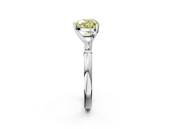 White gold Fancy Yellow Heart  Solitaire with Tapered Baguette Side Stones on a Classic Band with Four-Prong Setting