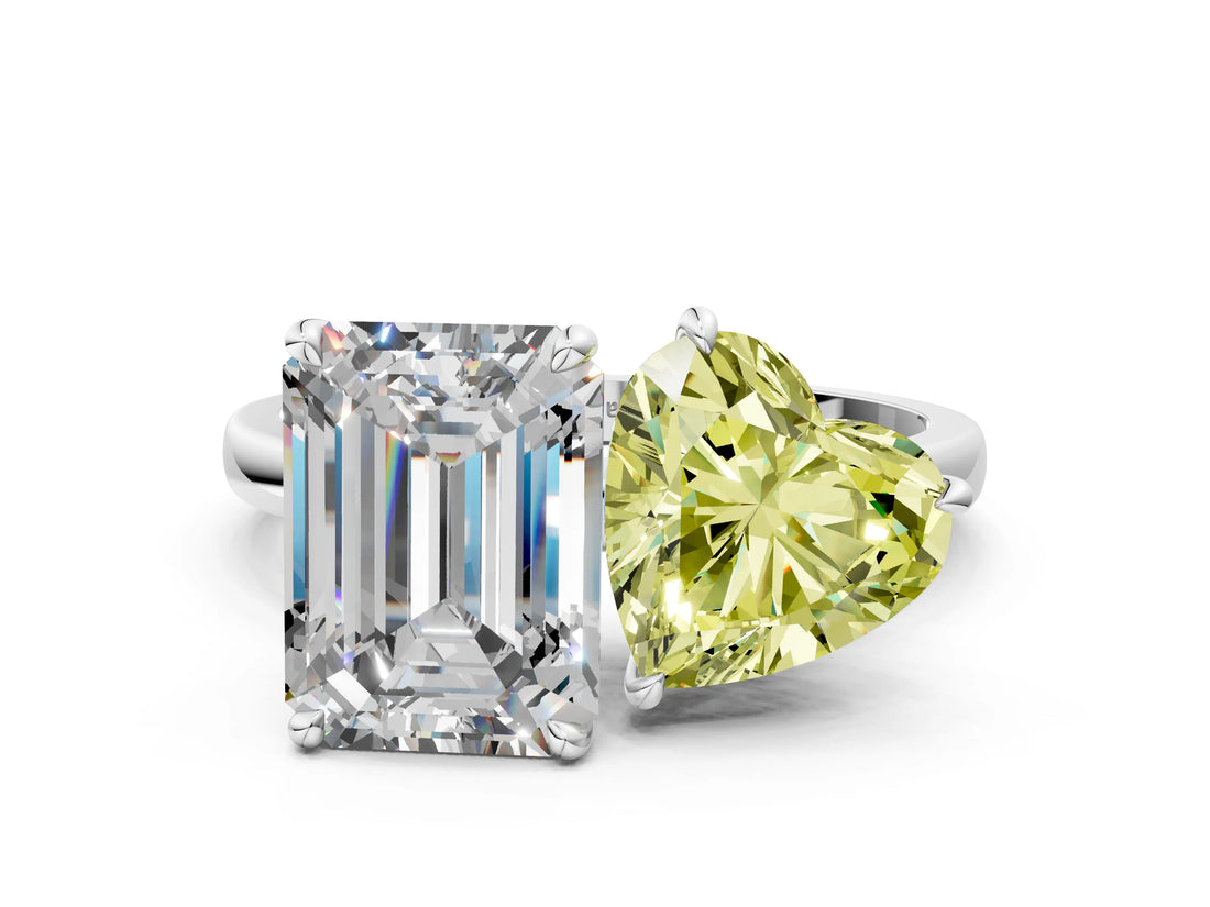 White gold Fancy Yellow Heart  and Emerald Cut Toi Moi Ring with Prong Setting_46