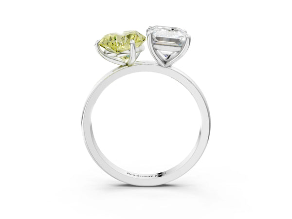 Platinum Fancy Yellow Heart  and Emerald Cut Toi Moi Ring with Prong Setting