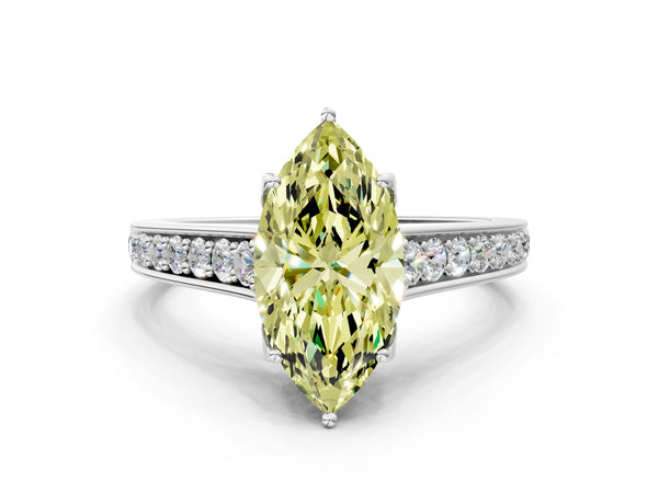 Platinum Fancy Yellow Marquise  Brilliant Cut Diamond Engagement Ring with Pavé Band and Four-Prong Setting