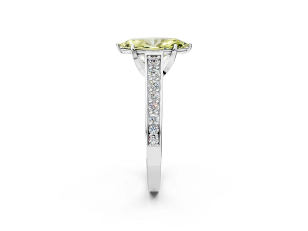 Platinum Fancy Yellow Marquise  Brilliant Cut Diamond Engagement Ring with Pavé Band and Four-Prong Setting