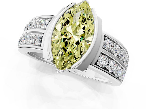 Platinum Fancy Yellow Marquise  Brilliant Diamond Channel Set Wide Band Ring with Bezel Setting