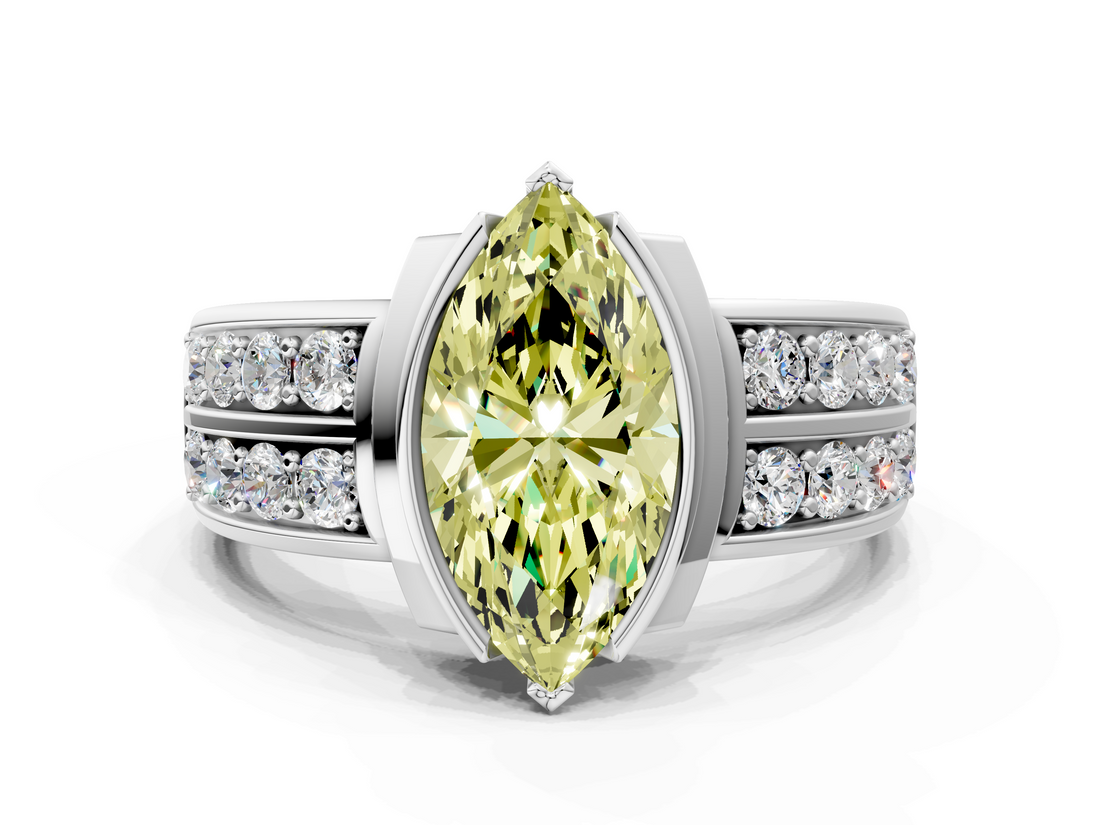 White gold Fancy Yellow Marquise  Brilliant Diamond Channel Set Wide Band Ring with Bezel Setting