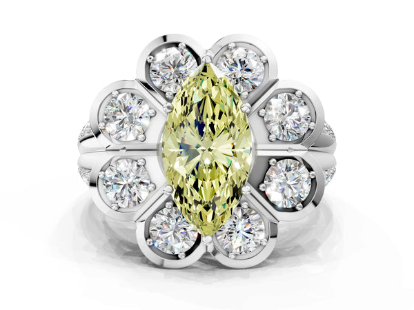 Platinum Fancy Yellow Marquise  Brilliant Flower Halo Diamond Split Shank Ring