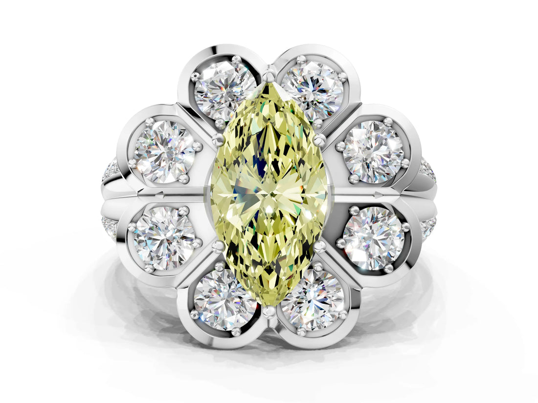 White gold Fancy Yellow Marquise  Brilliant Flower Halo Diamond Split Shank Ring_87