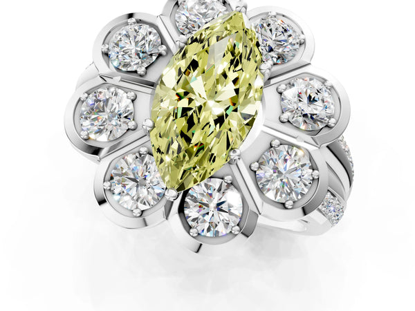 Platinum Fancy Yellow Marquise  Brilliant Flower Halo Diamond Split Shank Ring