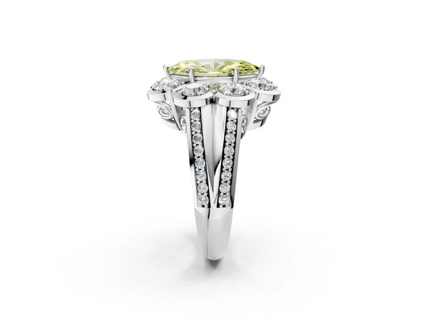 Platinum Fancy Yellow Marquise  Brilliant Flower Halo Diamond Split Shank Ring
