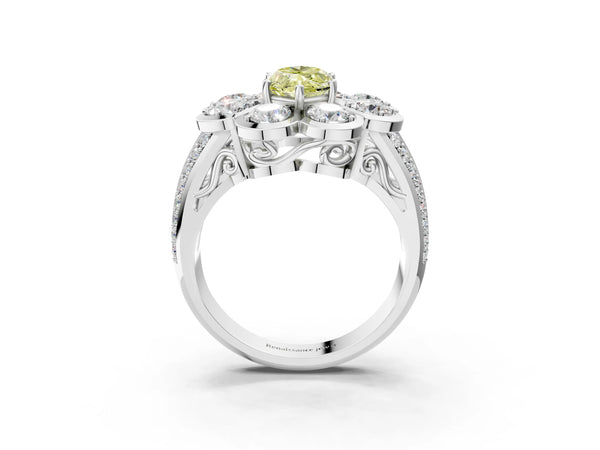 Platinum Fancy Yellow Marquise  Brilliant Flower Halo Diamond Split Shank Ring