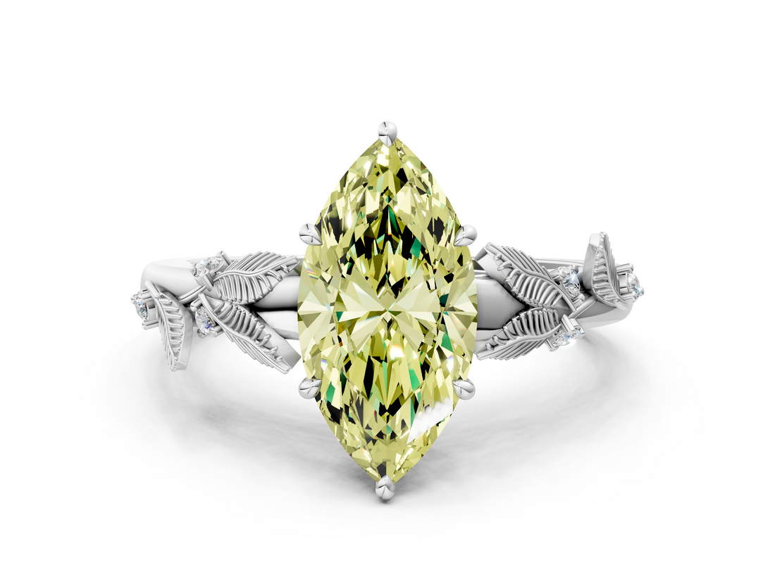 White gold Fancy Yellow Marquise  Brilliant Solitaire with Leaf Motif Band and Four-Prong Setting_33