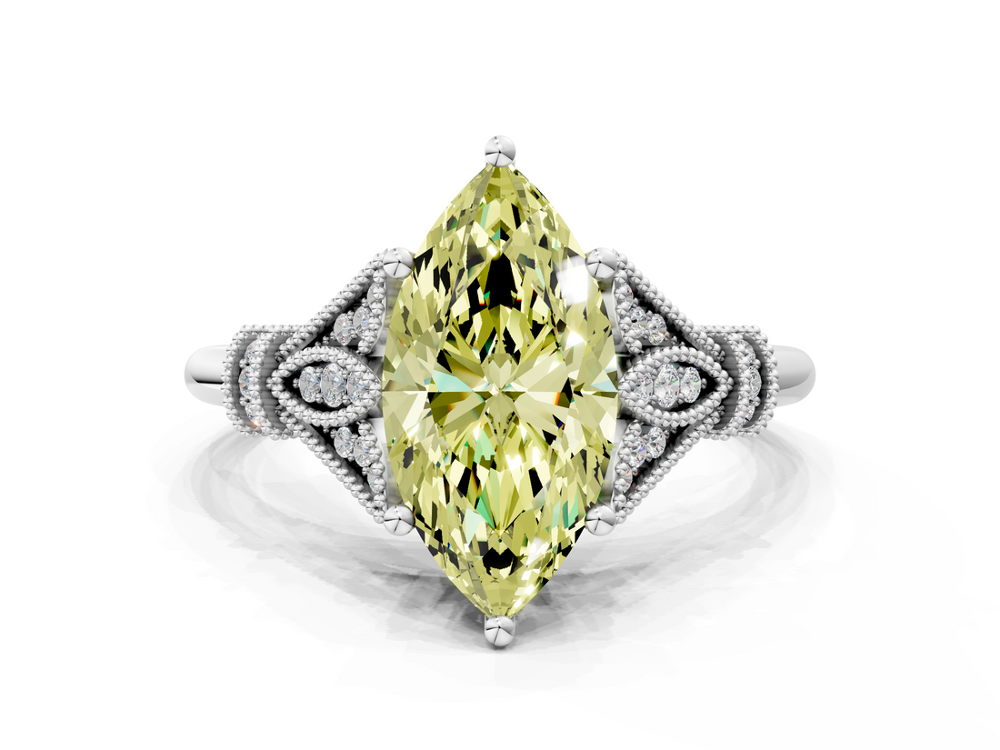 White gold Fancy Yellow Marquise  Brilliant Solitaire with Pave Band and Four-Prong Setting