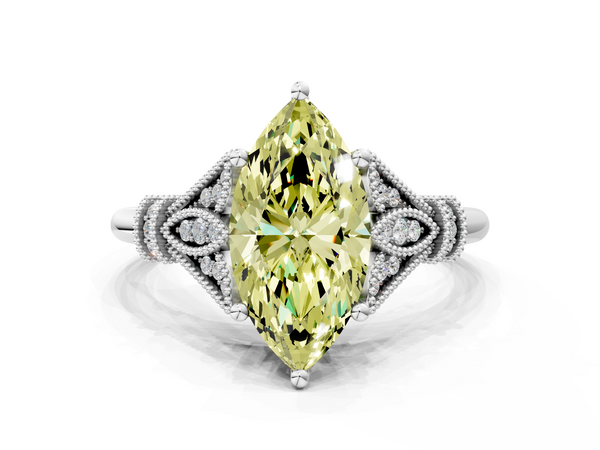Platinum Fancy Yellow Marquise  Diamond Solitaire Ring with Floral Filigree and Pave Accents