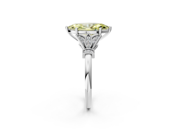 Platinum Fancy Yellow Marquise  Diamond Solitaire Ring with Floral Filigree and Pave Accents
