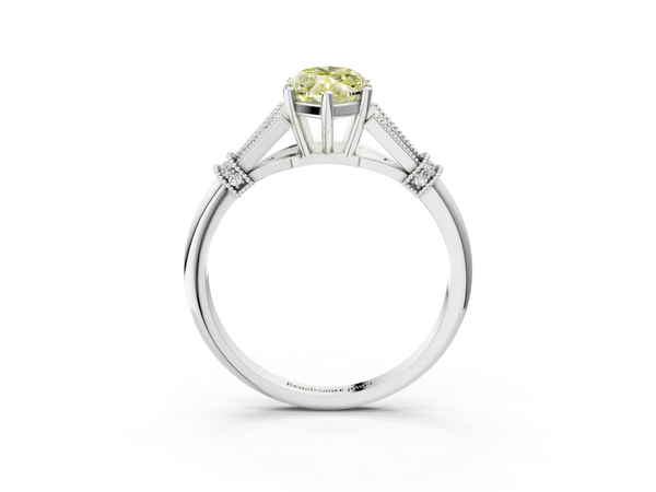 Platinum Fancy Yellow Marquise  Diamond Solitaire Ring with Floral Filigree and Pave Accents