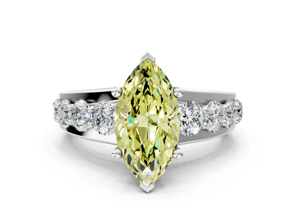 Platinum Fancy Yellow Marquise  Brilliant Solitaire with Side Stones on a Pave Band and Four-Prong Setting