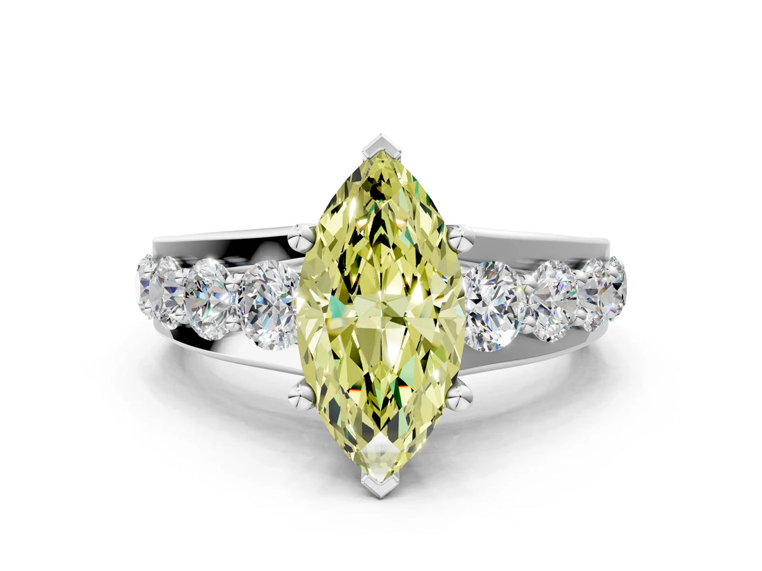 White gold Fancy Yellow Marquise  Brilliant Solitaire with Side Stones on a Pave Band and Four-Prong Setting_53