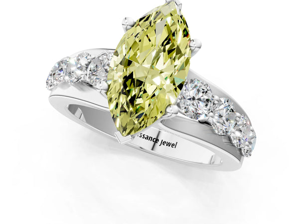 Platinum Fancy Yellow Marquise  Brilliant Solitaire with Side Stones on a Pave Band and Four-Prong Setting