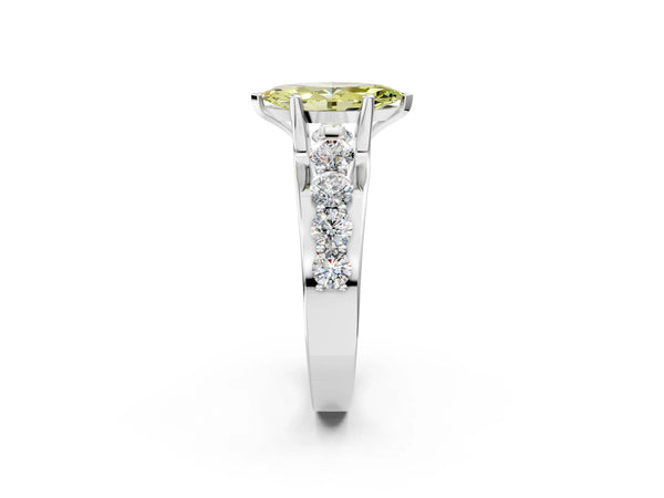 Platinum Fancy Yellow Marquise  Brilliant Solitaire with Side Stones on a Pave Band and Four-Prong Setting