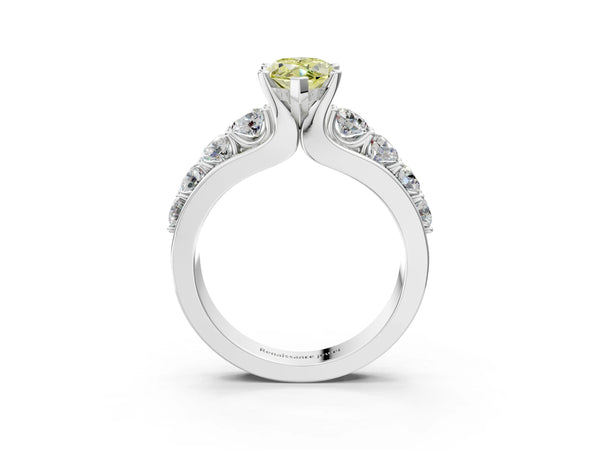 Platinum Fancy Yellow Marquise  Brilliant Solitaire with Side Stones on a Pave Band and Four-Prong Setting