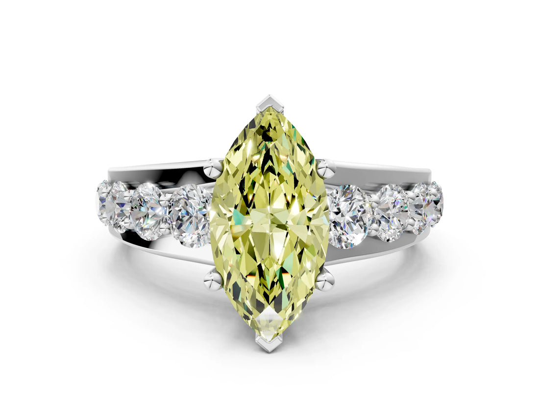 White gold Fancy Yellow Marquise  Brilliant Solitaire with Side Stones on a Pave Band and Four-Prong Setting_84