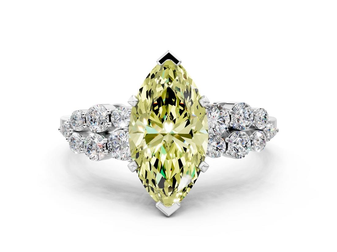 White gold Fancy Yellow Marquise  Cluster Diamond Engagement Ring with Pavé Band and Four-Prong Setting
