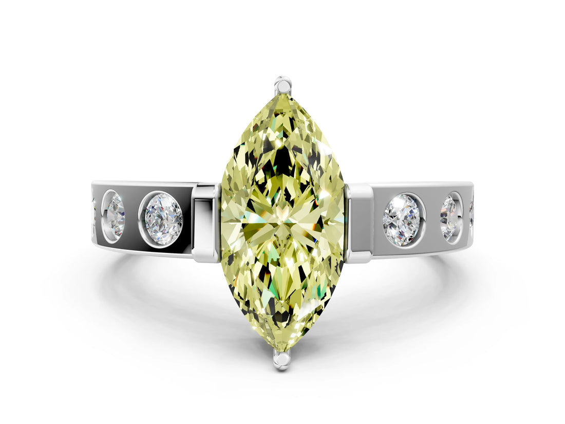 White gold Fancy Yellow Marquise Cut Brilliant Channel-Set Diamond Ring with Bezel Prong Setting_12